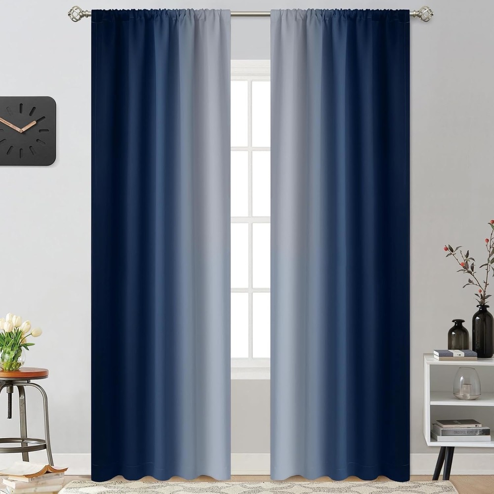 Navy Blue Gray Ombre Room‎ Darkening Curtains Set Bedroom Living Decor